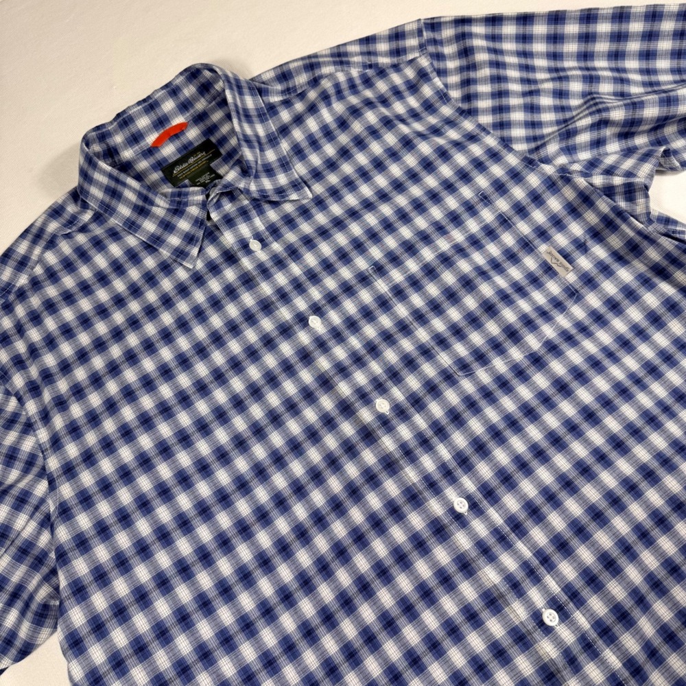 Eddie Bauer Button Up Shirt XL Blue White Gingham Plaid Short Sleeve Cotton